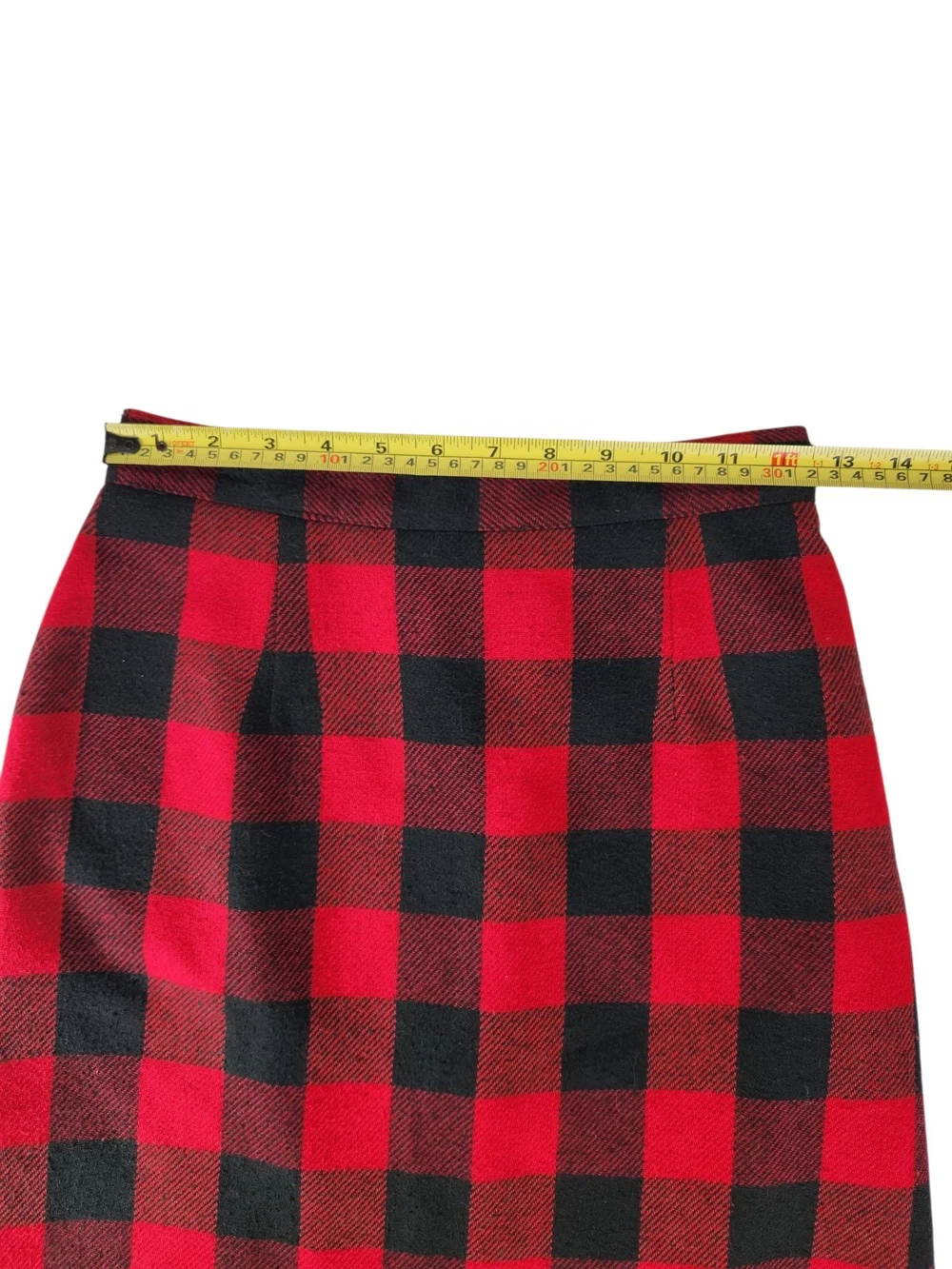 Vintage Red Black Buffalo Plaid Fringe Pencil Skirt Wool Blend 26